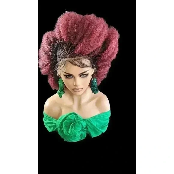 "Braided Wigs - 100% Handcrafted, Short Afro Style, Vibrant Red Color, NWT - Picture 3 of 15